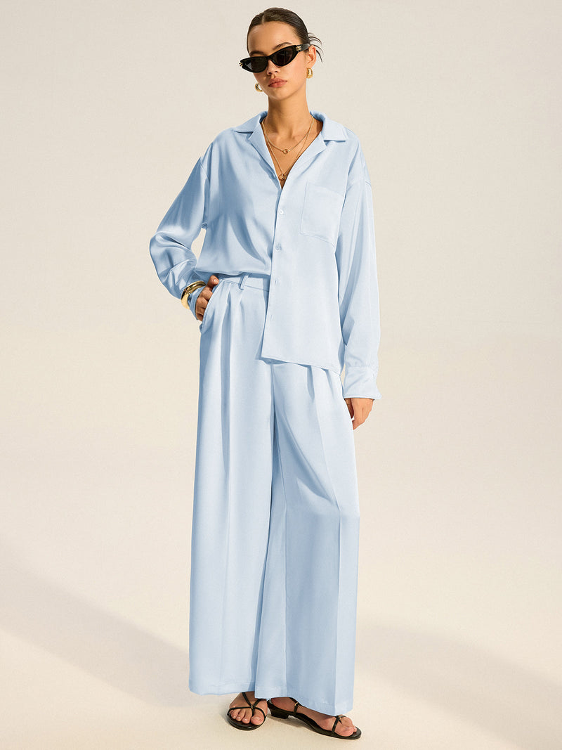 Oversized Pocket Satin Shirt and Pleated Pants Set - Luzeria style